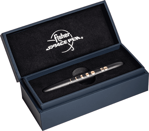 Closed 400B-50 matte black bullet space pen in gift box. The gift box is dark blue with a black insert imprinted with the Fisher Space Pen logo in white.