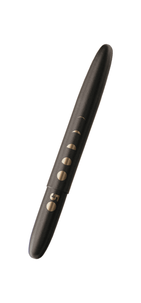 Closed 400B-50 matte black bullet space pen featuring moon cycle engraving with 50