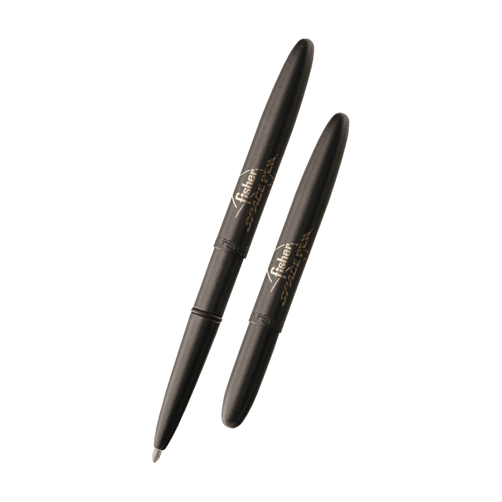 Left: open 400B/FSP matte black bullet space pen with cap on end of pen
Right: closed 400B/FSP matte black bullet space pen
