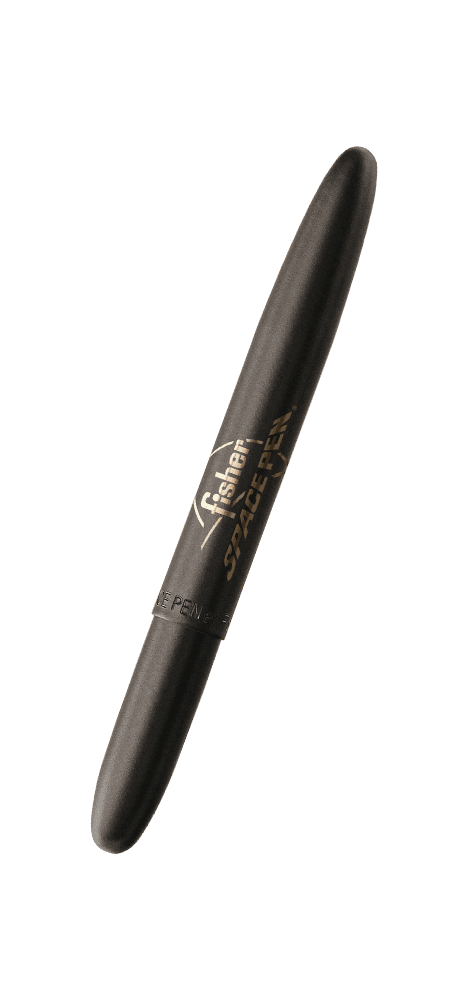 Closed 400B/FSP matte black bullet space pen engraved with the Fisher Space Pen logo.