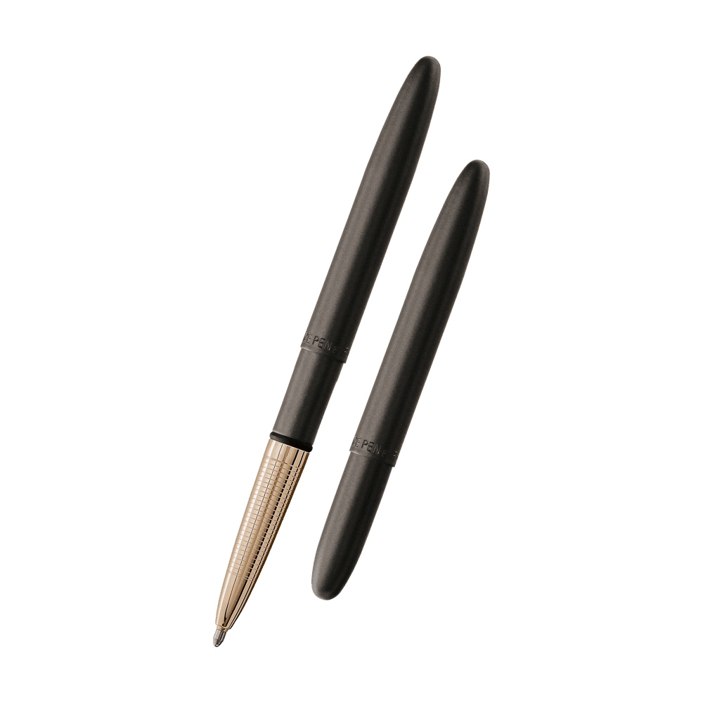 Left: open 400B-GFG with cap on end of pen and a gold colored finger grip
Right: closed 400B-GFG with a gold colored finger grip