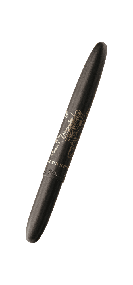 Closed 400B-HERO matte black bullet space pen with engraving of a firefighter with the words Silent Hero underneath