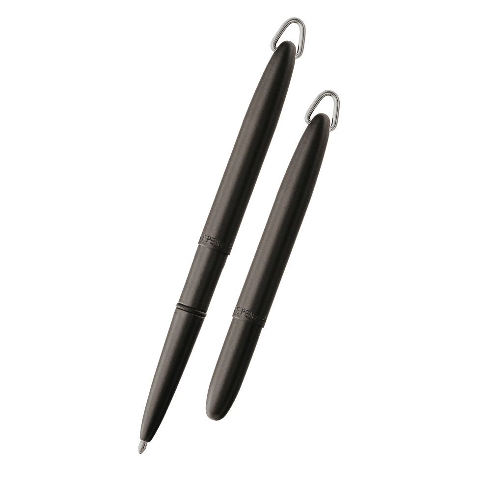 Left: open 400B/JR matte black bullet space pen with chrome jump ring with cap on end of pen
Right: closed 400B/JR matte black bullet space pen with chrome jump ring