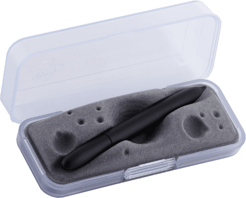 Closed 400B/S matte black bullet space pen with black hard tip stylus in gift box. The gift box is opaque plastic with an insert textured like the moon.
