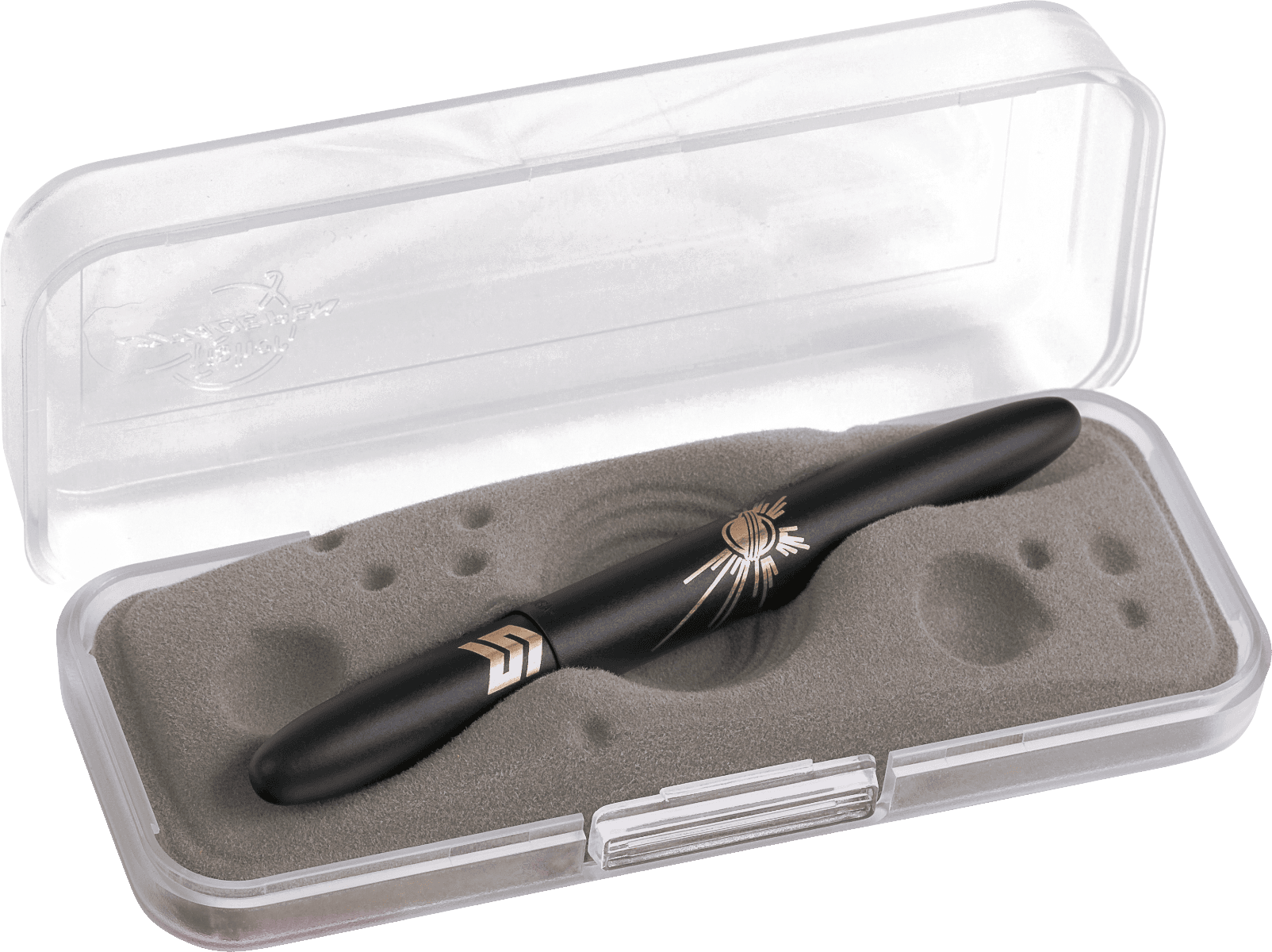 Closed matte black bullet space pen laser engraved with a solar burst and STEM logo in open moonscape gift box