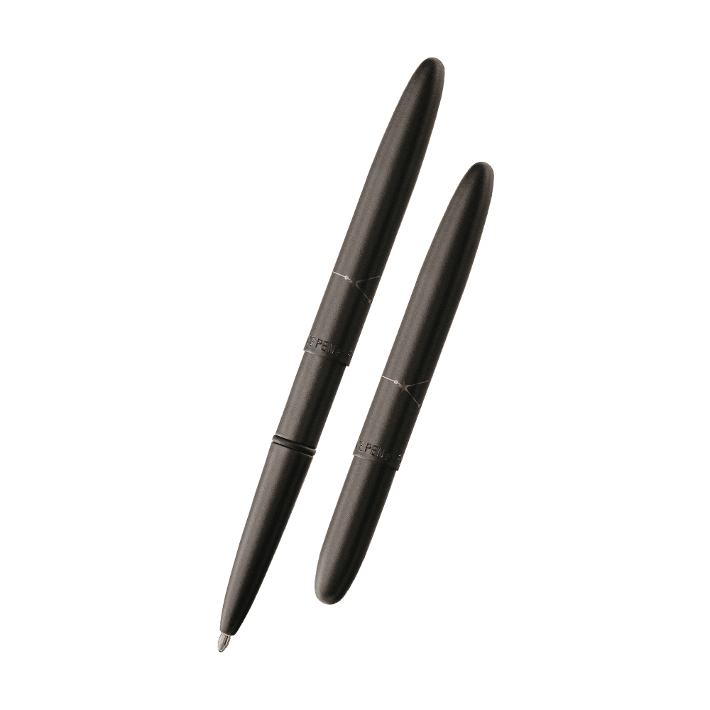 Left: open 400B-CC matte black bullet space pen with cap on end of pen
Right: closed 400B-CC matte black bullet space pen