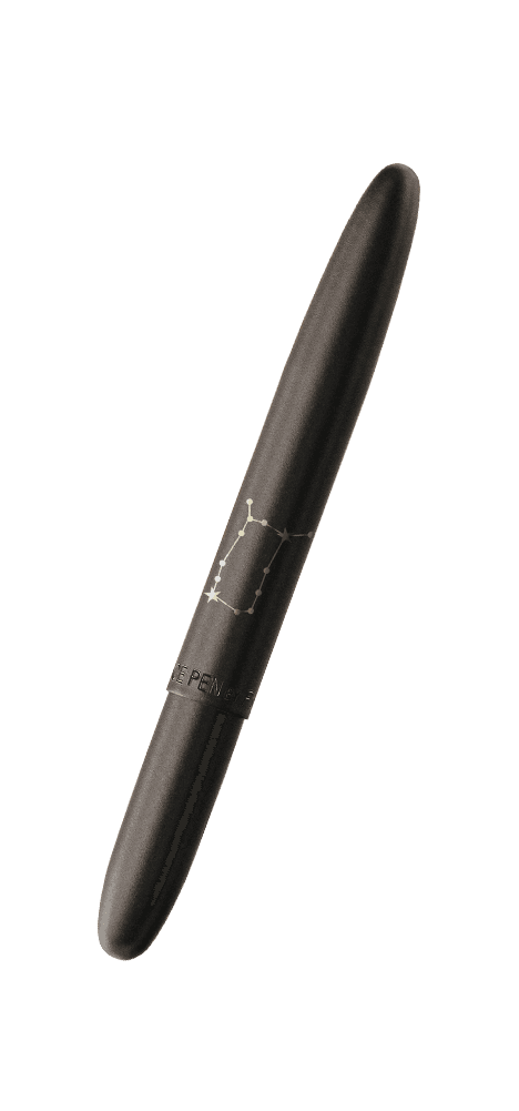Closed 400B-GM matte black bullet space pen with an engraved Gemini constellation