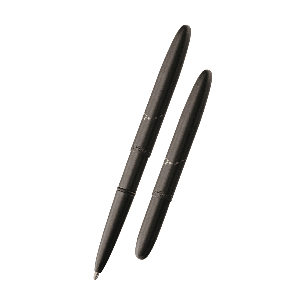 Left: open 400B-PS matte black bullet space pen with cap on end of pen
Right: closed 400B-PS matte black bullet space pen