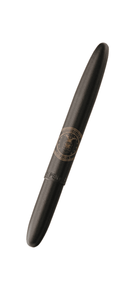 Closed 600B-AF-AF matte black bullet space pen with American flag emblem on one side and engraved US Air Force insignia on the other side
