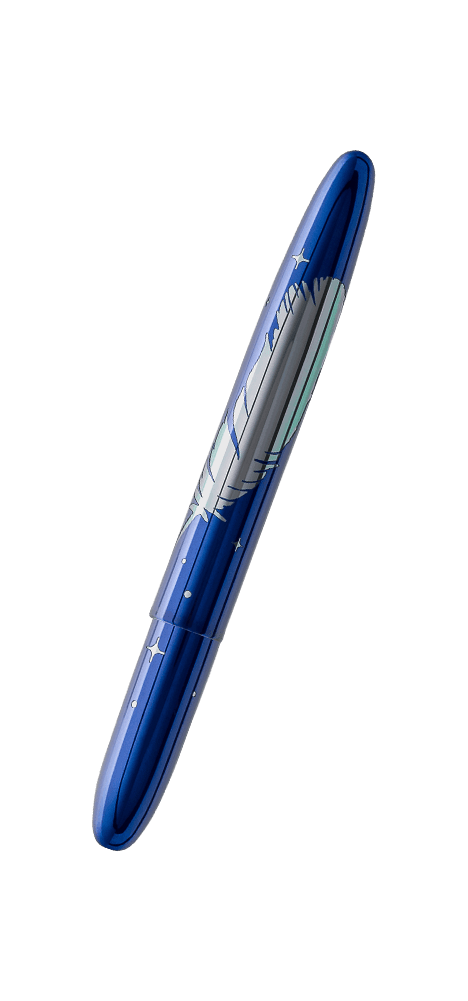 Closed 400BB/FS-BO blue bullet space pen engraved with the Blue Origin feather and stars design.