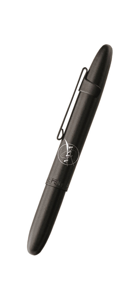 Closed 400BCL-NASAMB matte black bullet space pen with matte black clip and printed NASA meatball logo