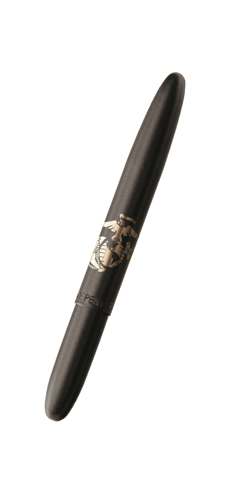 Closed 400BMC matte black bullet space pen engraved with the US Marine Corps emblem