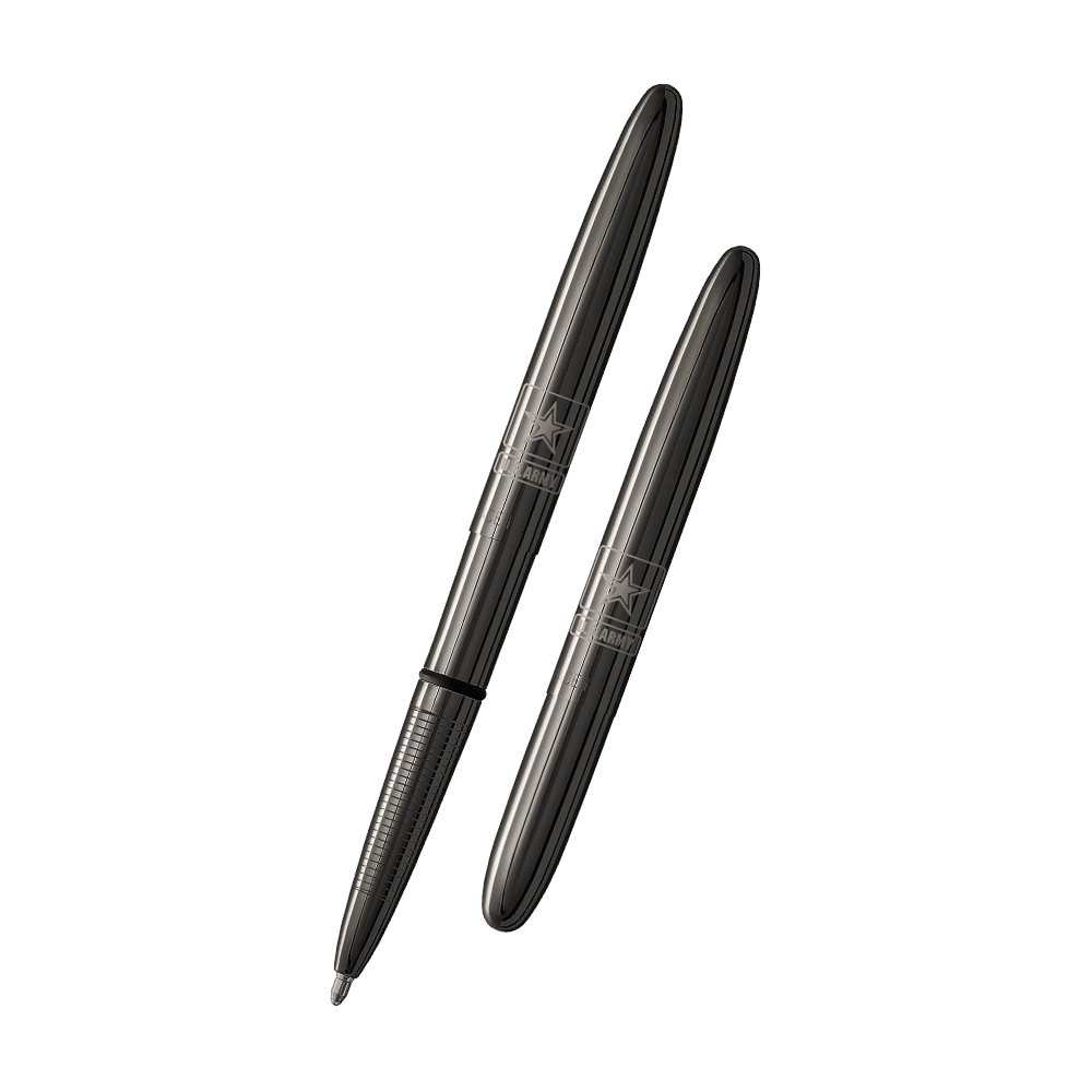 Left: open 400BTN-AR-STAR black titanium nitride bullet space pen with cap on end of pen with US Army Star engraving
Right: closed 400BTN-AR-STAR black titanium nitride bullet space pen with US Army Star engraving