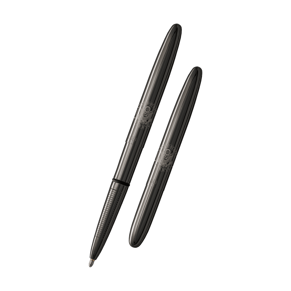 Left: open 400BTN-AR black titanium nitride bullet space pen with cap on end of pen with engraving of US Army insignia
Right: closed 400BTN-AR black titanium nitride bullet space pen with engraving of US Army insignia
