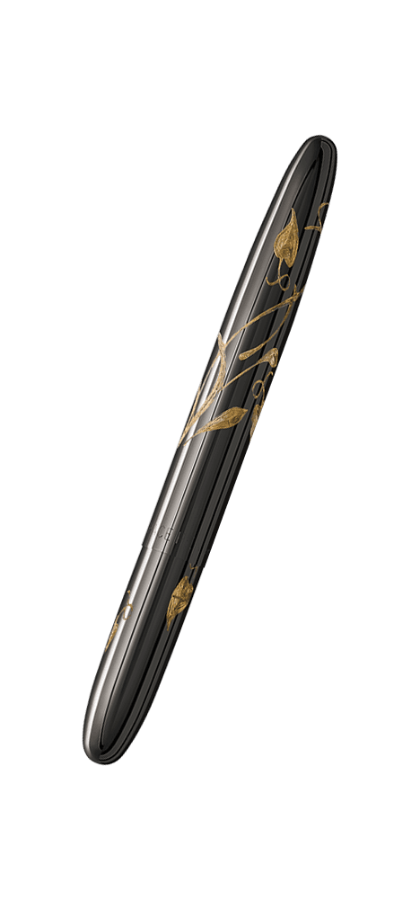 Closed 400BTN-N black titanium nitride bullet space pen engraved with the Nouveau vine and leaves design