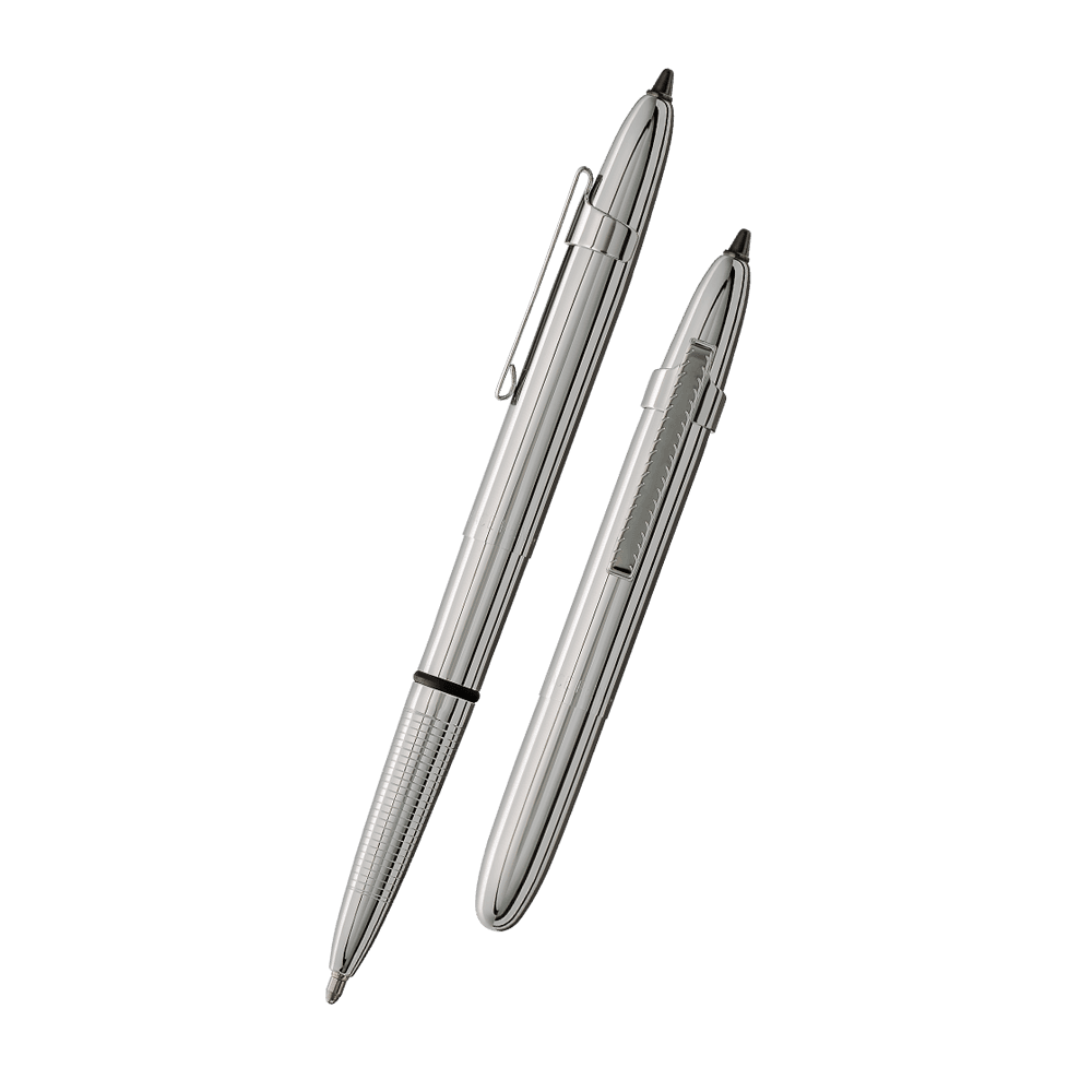 Left: open400CL/S chrome bullet space pen with chrome clip and hard black stylus tip
Right: closed 400CL/S chrome bullet space pen with chrome clip and hard black stylus tip