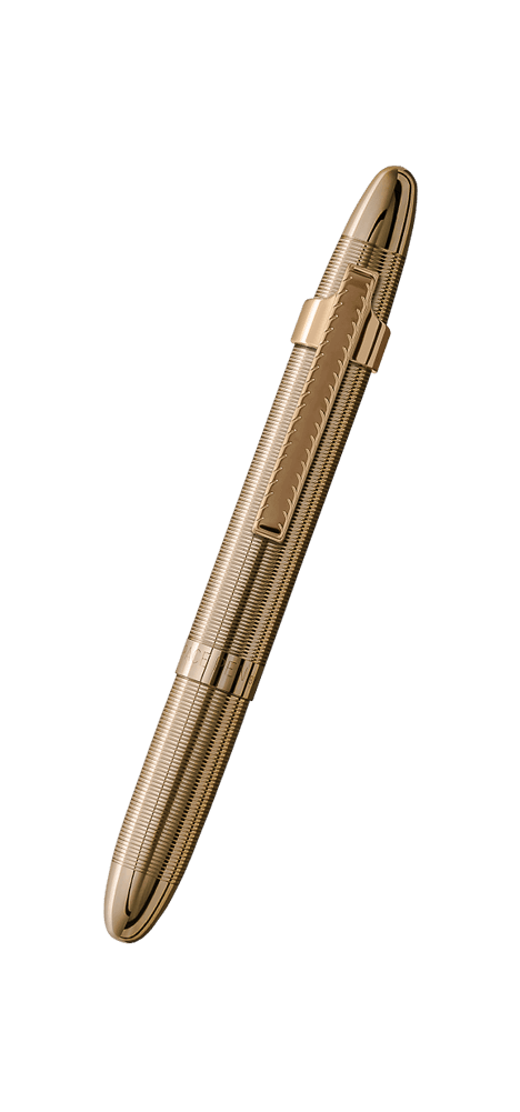 Closed 400GGCL lacquered brass bullet space pen with gold colored clip