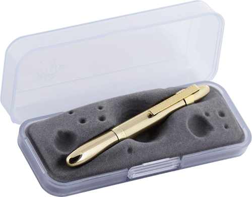 Closed 400GGCL lacquered brass bullet space pen with gold colored clip in gift box. The gift box is opaque plastic with an insert textured like the moon.
