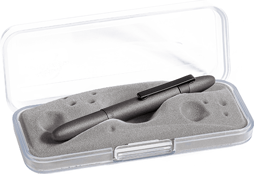 Closed 400H-237-BCL Tungsten Cerakote bullet space pen with matte black clip in gift box. The gift box is opaque plastic with an insert textured like the moon