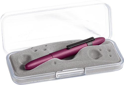 Closed 400H-319-BCL Black Cherry bullet space pen with matte black clip in gift box. The gift box is opaque plastic with an insert textured like the moon.