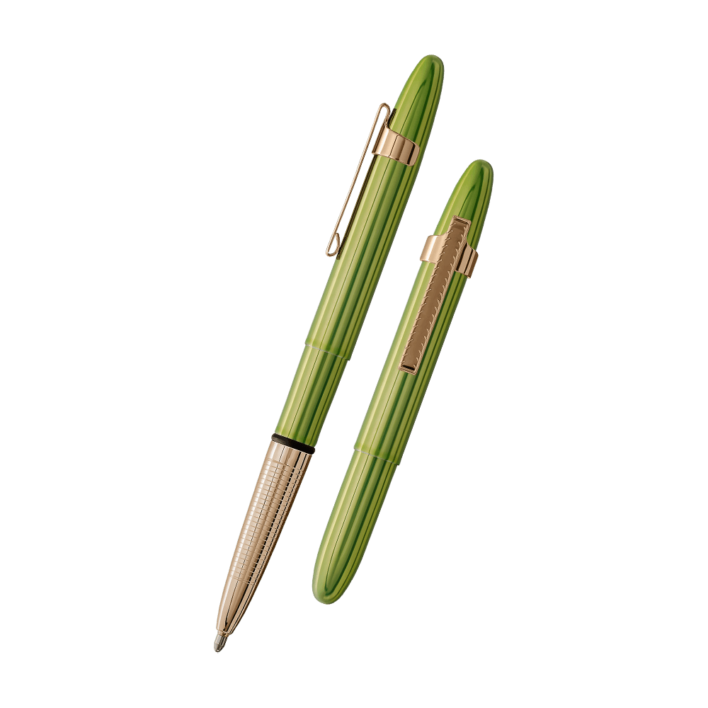 Left: open 400LG-GFGGCL green bullet space pen with gold colored grip and clip with cap on end of pen
Right: closed 400LG-GFGGCL green bullet space pen with gold colored grip and clip