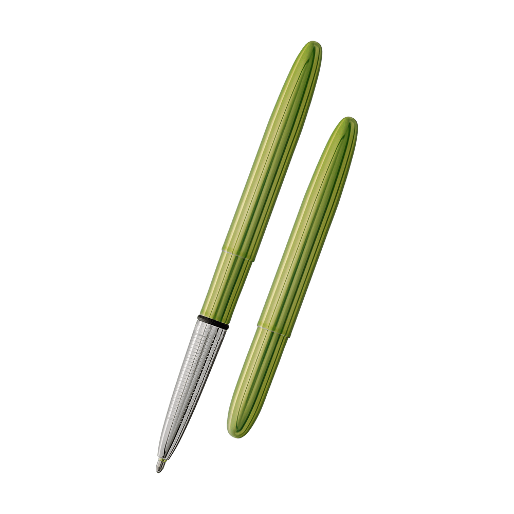 Left: open 400LG green bullet space pen with cap on end of pen
Right: closed 400LG green bullet space pen