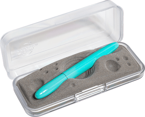Closed 400TBL-GFG turquoise blue bullet space pen in gift box. The gift box is opaque plastic with an insert textured like the moon.