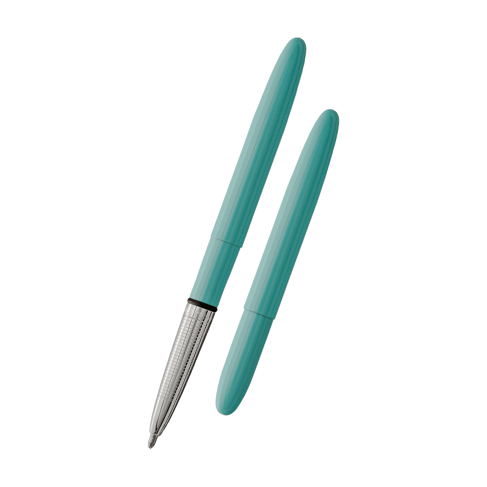 Left: open 400TBL turquoise blue bullet space pen with cap on end of pen
Right: closed 400TBL turquoise blue space pen