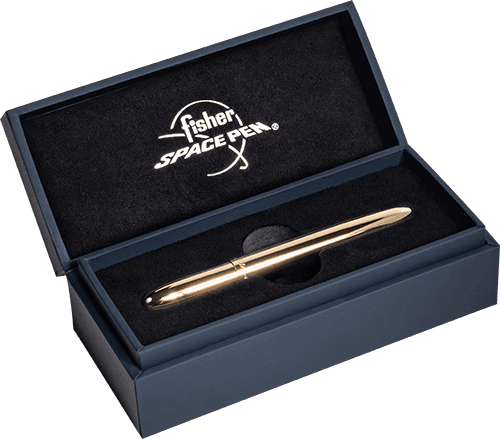Closed 400TN gold titanium nitride bullet space pen in gift box. The gift box is dark blue with a black insert imprinted with the Fisher Space Pen logo in white.