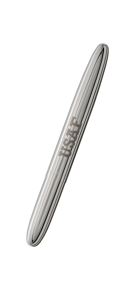 Closed 400USAF chrome bullet space pen with US Air Force USAF engraving