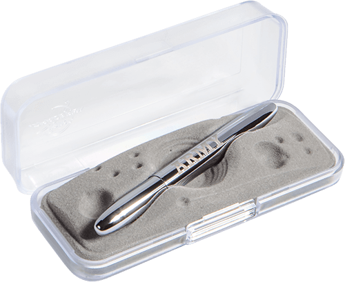Closed 400USAR chrome bullet space pen with US Army ARMY engraving in gift box. The gift box is opaque plastic with an insert textured like the moon.