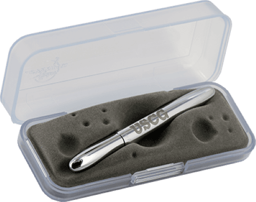 Closed 400USCG chrome bullet space pen with US Coast Guard USCG engraving in gift box. The gift box is opaque plastic with an insert textured like the moon.
