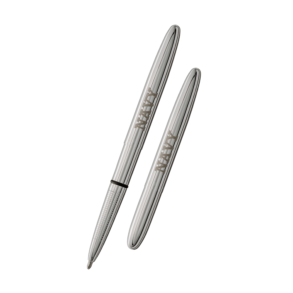 Left: open 400USN chrome bullet space pen with US Navy NAVY engraving
Right: closed 400USN chrome bullet space pen with US Navy NAVY engraving