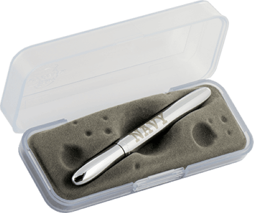 Closed 400USN chrome bullet space pen with US Navy NAVY engraving in gift box. The gift box is opaque plastic with an insert textured like the moon.