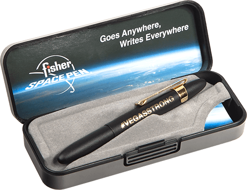 Closed 400BGVSGCL in gift box. The gift box is black plastic with a gray insert. Inside the lid it has the Fisher Space Pen logo and says Goes Anywhere, Writes Everywhere