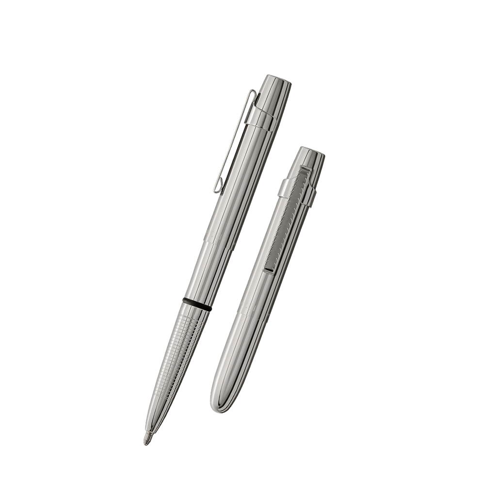Left: open 400WCCL chrome bullet space pen with chrome clip
Right: closed 400WCCL chrome bullet space pen with chrome clip