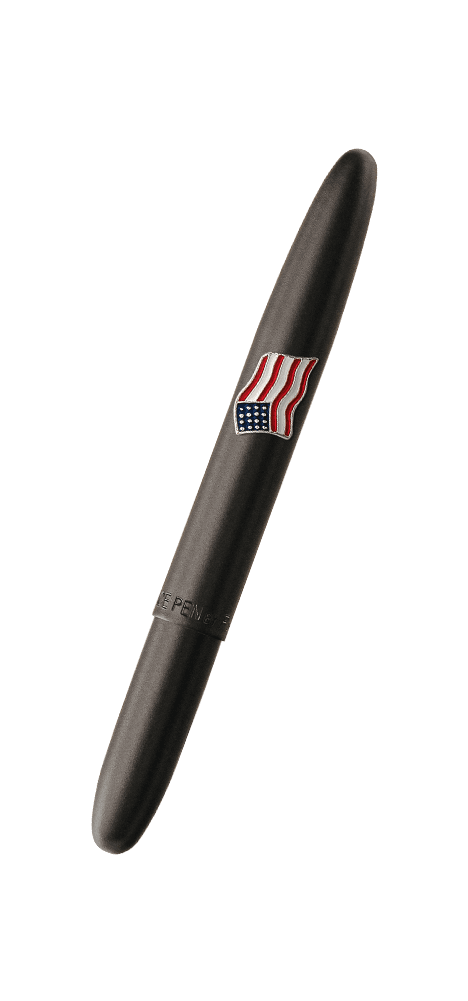 Closed 600B-AF-AF matte black bullet space pen with American flag emblem on one side and engraved US Air Force insignia on the other side
