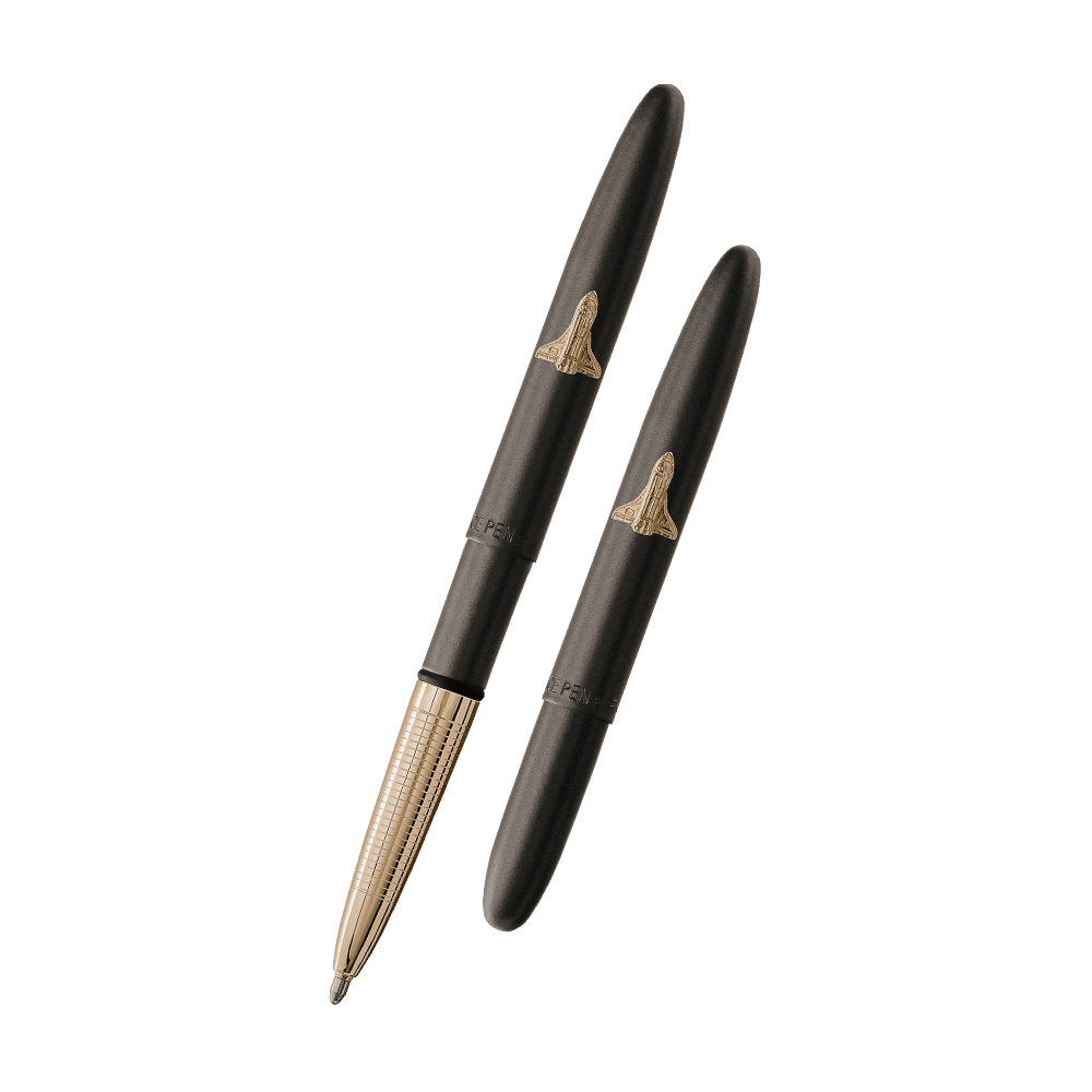 Left: open 600B-GFG-SH matte black bullet space pen with gold colored grip and shuttle emblem
Right: closed 600B-GFG-SH matte black bullet space pen with shuttle emblem