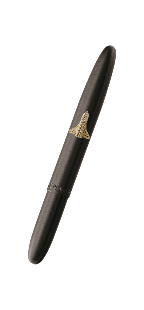 Closed 600B-GFG-SH matte black bullet space pen with shuttle emblem