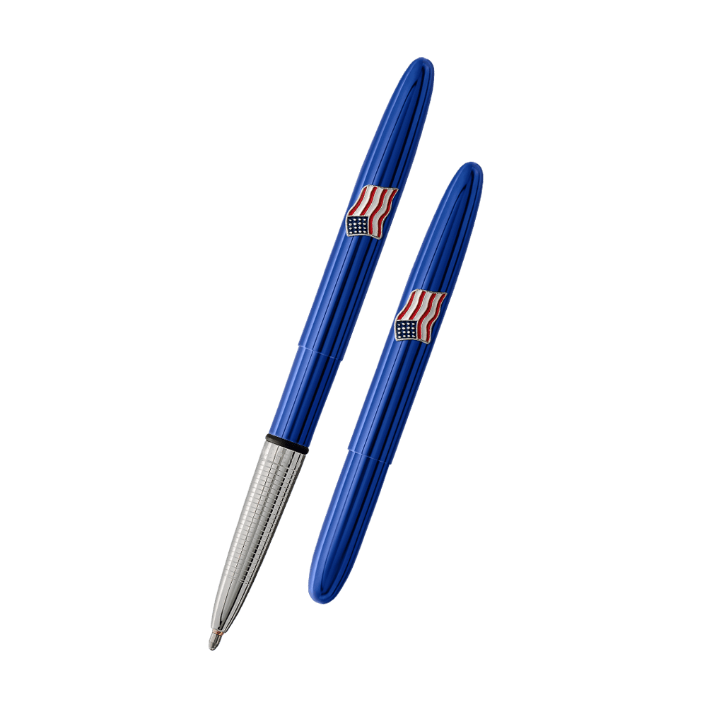 Left: open 600BB-AF blue bullet space pen with American flag emblem
Right: closed 600BB-AF blue bullet space pen with American flag emblem