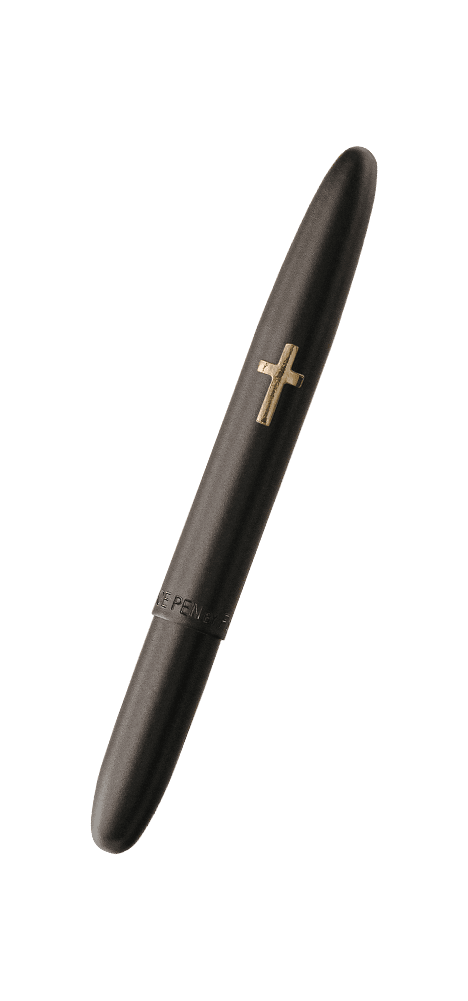 Closed 600BCR matte black bullet space pen with cross emblem