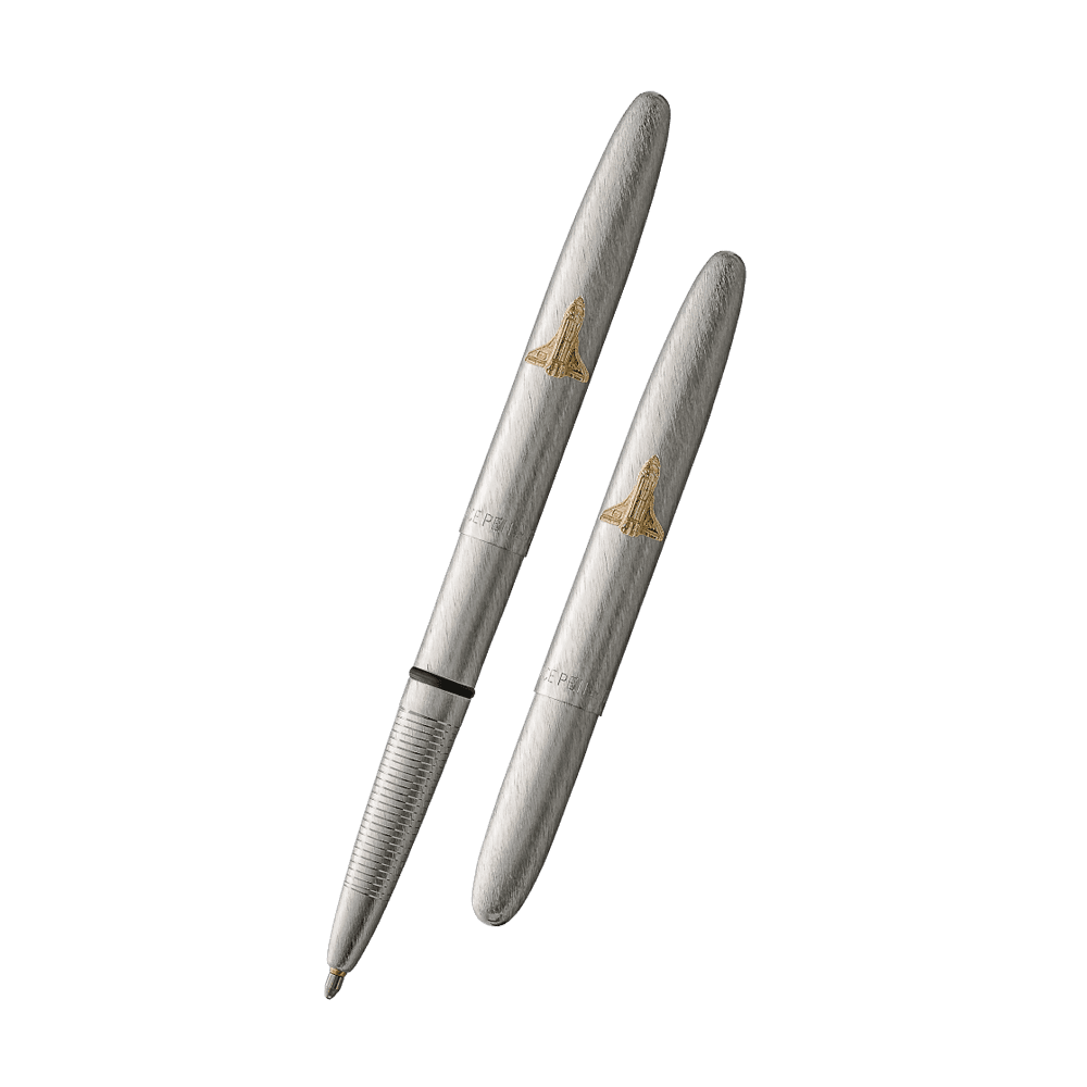 Left: open 600BRCSH brushed chrome bullet space pen with shuttle emblem
Right: closed 600BRCSH brushed chrome bullet space pen with shuttle emblem