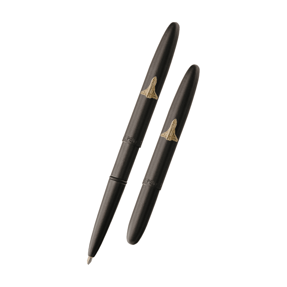 Left: open 600BSH matte black bullet space pen with shuttle emblem
Right: closed 600BSH matte black bullet space pen with shuttle emblem