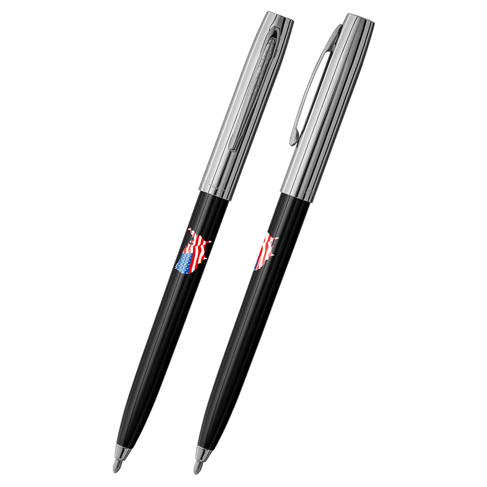 Front and side views of cap-o-matic space pen with black plastic barrel, chrome cap with clip, chrome tip, and imprinted US flag shaped like the United States.