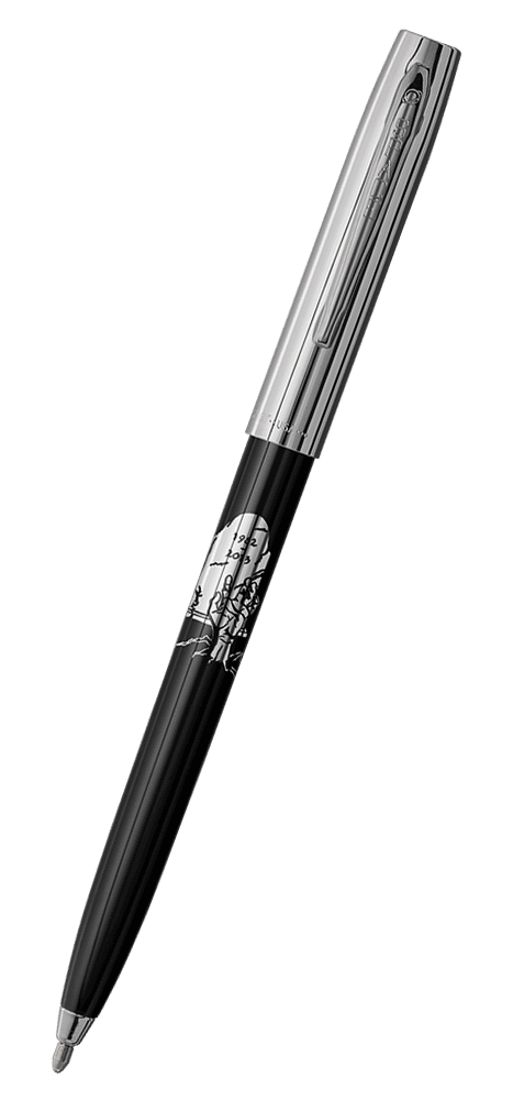 Cap-o-matic space pen with black plastic barrel, chrome cap with clip, chrome tip, and imprinted silver headstone and zombie hand.