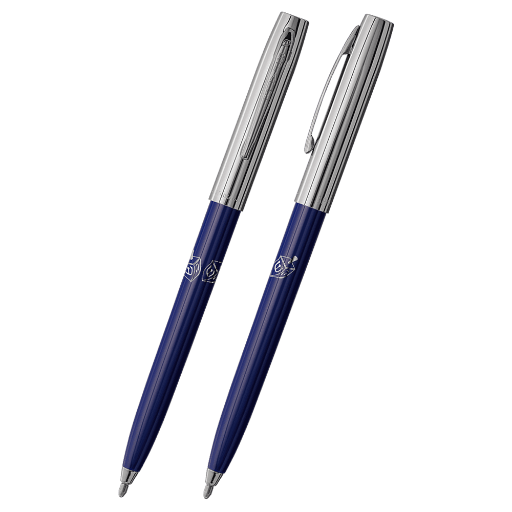 Front and side views of cap-o-matic space pen with blue plastic barrel, chrome cap with clip, chrome tip, and imprinted silver dreidel.