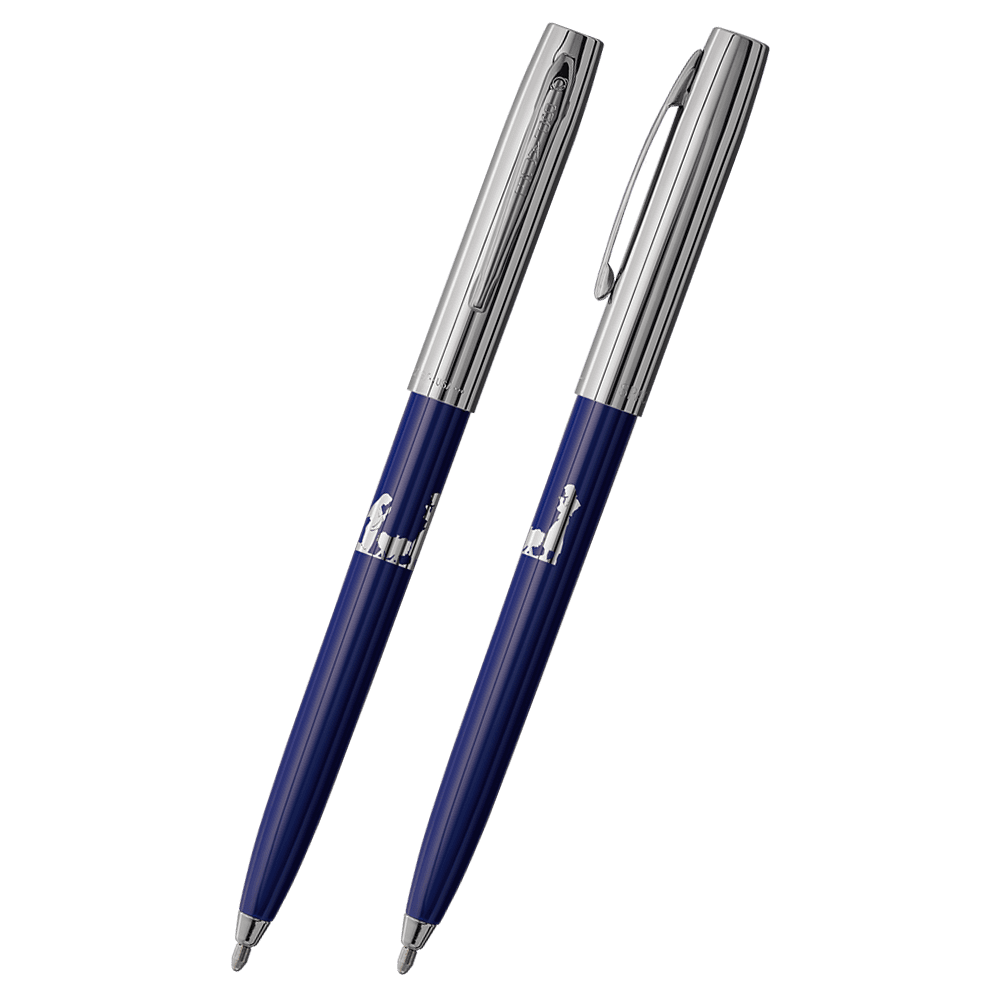 Front and side views of cap-o-matic space pen with blue plastic barrel, chrome cap with clip, chrome tip, and imprinted silver nativity.