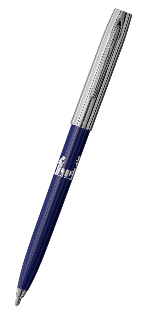 Cap-o-matic space pen with blue plastic barrel, chrome cap with clip, chrome tip, and imprinted silver nativity.