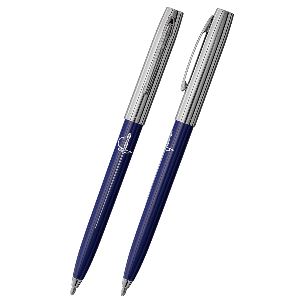 Front and side views of cap-o-matic space pen with blue plastic barrel, chrome cap with clip, chrome tip, and imprinted silver sword.