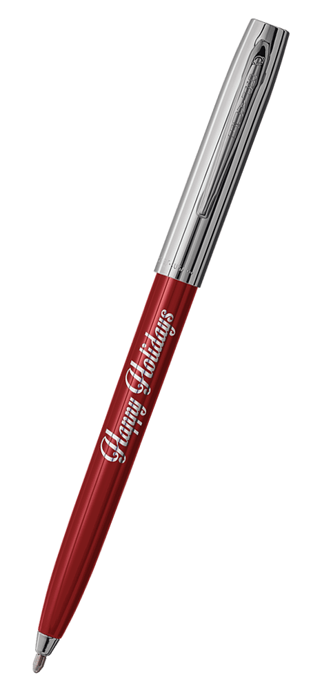 Cap-o-matic space pen with red plastic barrel, chrome cap with clip, chrome tip, and imprinted silver Happy Holidays.